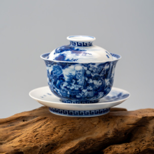 景德镇画堂春陶瓷十二生肖祝寿图三才盖碗手工手绘九字珍藏款青花