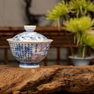 景德镇画堂春陶瓷诗画双绝兰亭序两才盖碗青花瓷釉下彩手工手绘