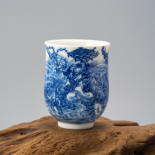 画堂春青花九字珍藏款三官出巡图水官大禹大腰鼓杯手工手绘人物杯