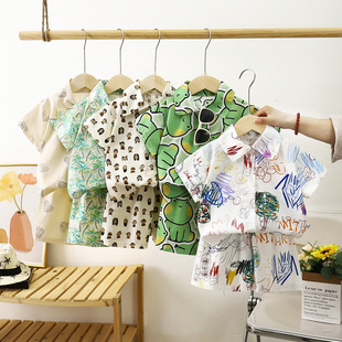 儿童夏季套装洋气男童港风衬衣中大童衬衫短袖T恤短裤男孩痞帅潮