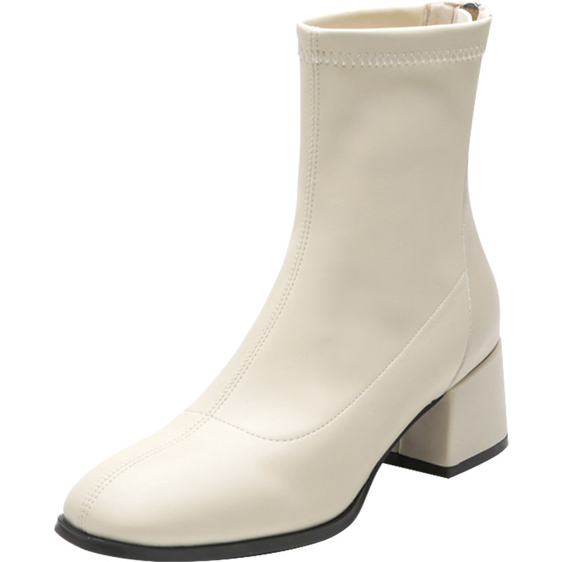 SOFT LEATHER ELASTIC BOOTS WOMENS 2021 NEW AUTUMN AND WINTER BOOTIES KOREAN VERSION OF MID-HEEL BLOCK HEEL BOOTS LOOK THIN FRENCH SKINNY BOOTS
