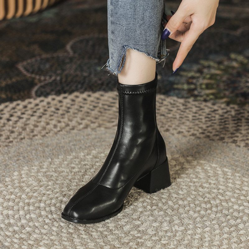 SOFT LEATHER ELASTIC BOOTS WOMENS 2021 NEW AUTUMN AND WINTER BOOTIES KOREAN VERSION OF MID-HEEL BLOCK HEEL BOOTS LOOK THIN FRENCH SKINNY BOOTS