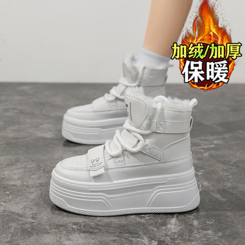 真皮棉鞋女加绒高帮鞋小白鞋