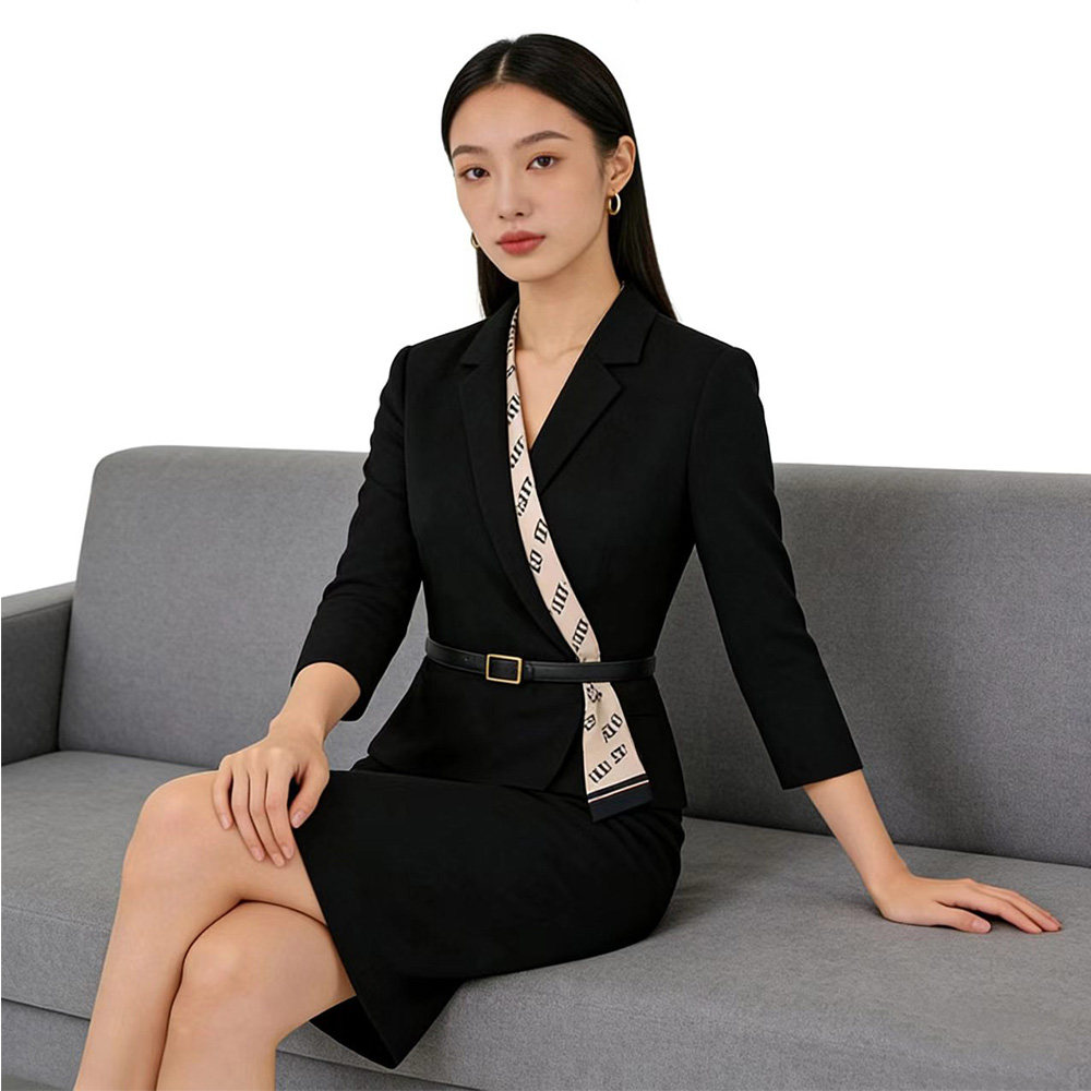 商场同款女士黑色通勤风西装领连衣裙女九分袖收腰显瘦职场气质裙