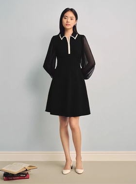 LKB尾货 优雅通勤 23秋冬 黑白撞色衬衫领长袖显瘦高A字摆连衣裙