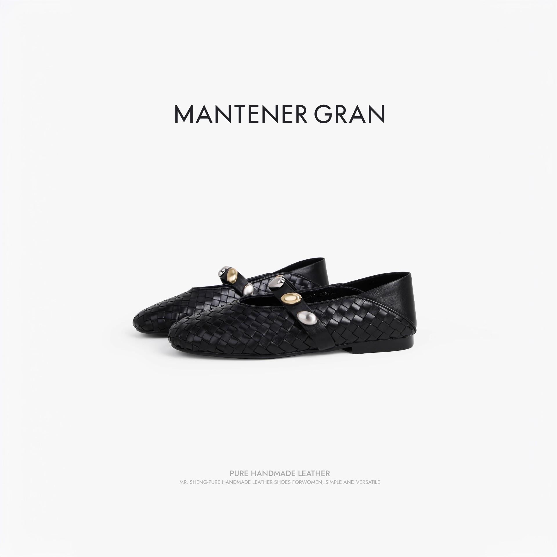 MantenerGran 黑色牛皮编织玛丽珍鞋圆头浅口一字带单鞋 MG女鞋