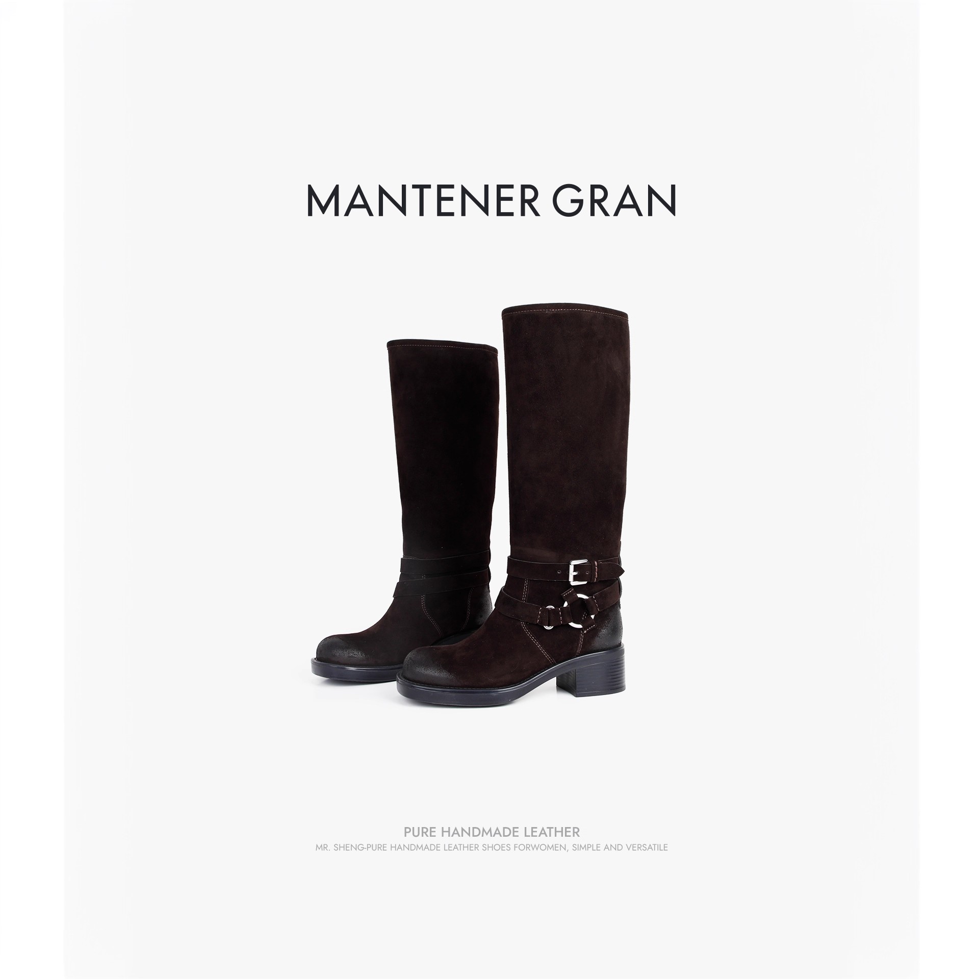 MantenerGran 薄绒靴女厚底增高长筒靴西部复古骑士靴高靴 MG女鞋