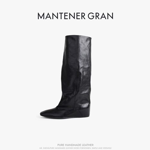 MantenerGran植鞣牛皮靴子女长筒靴黑色小方头长靴骑士靴 MG女鞋
