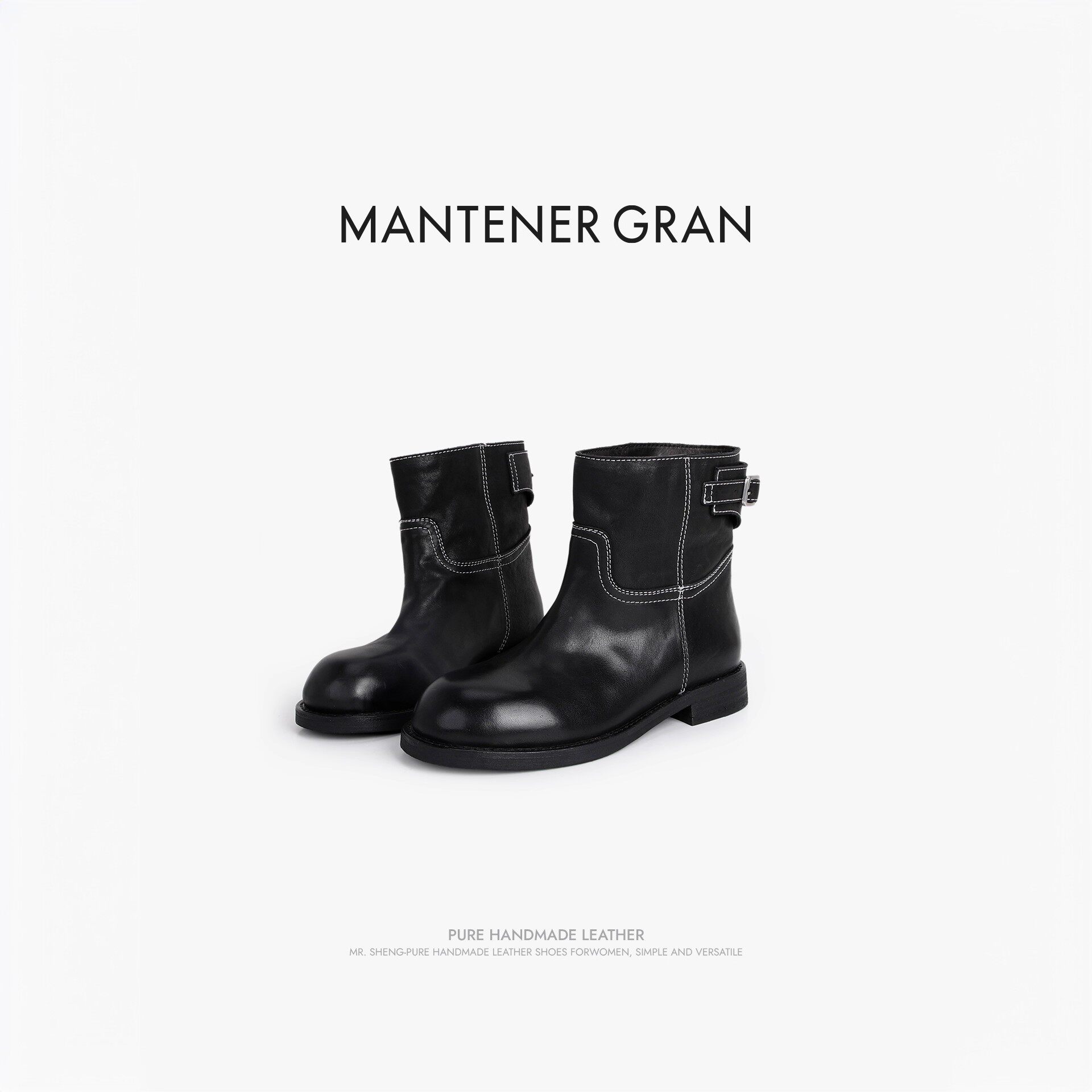 MantenerGran水洗牛皮靴子女中跟厚底瘦瘦靴英伦风短靴 MG女鞋