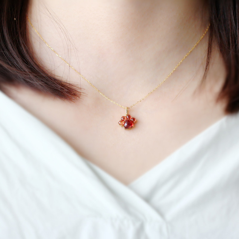 正品18K金项链天然石榴石吊坠萌猫爪气质百搭AU750锁骨链配证书