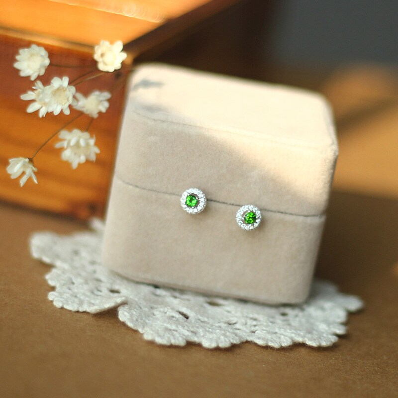 天然俄罗斯祖母绿铬透辉石耳钉 925纯银耳骨简约饰品女防过敏迷你
