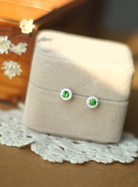 天然俄罗斯祖母绿铬透辉石耳钉 925纯银耳骨简约饰品女防过敏迷你