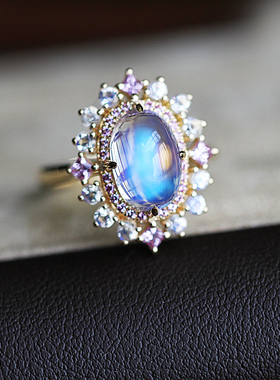 天然高端月光石配粉蓝宝石18K金镶嵌戒指 定制结婚闺蜜礼物配证书