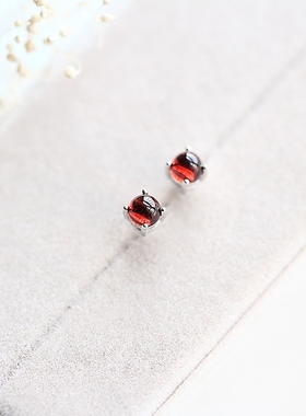 天然红石榴石耳钉 女 纯银镀18K金 水晶简约生日饰品礼物防防过敏