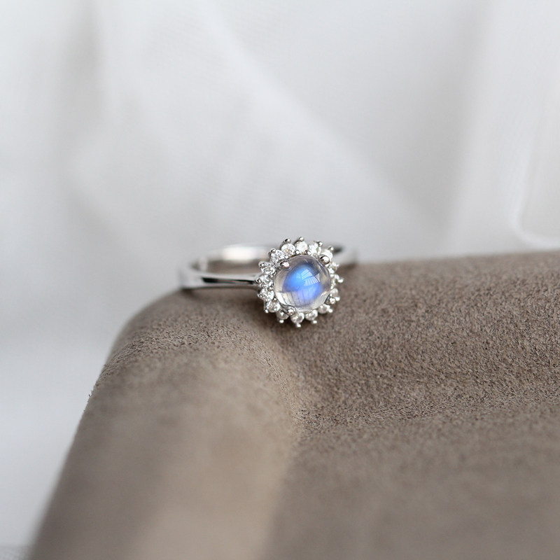 新品缪提muti可调节天然月光石925纯银戒指女 食指戒子经典戴妃款