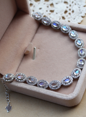 天然月光石手链天然蓝光彩光 925纯银镶嵌手链 支持复检女款饰品