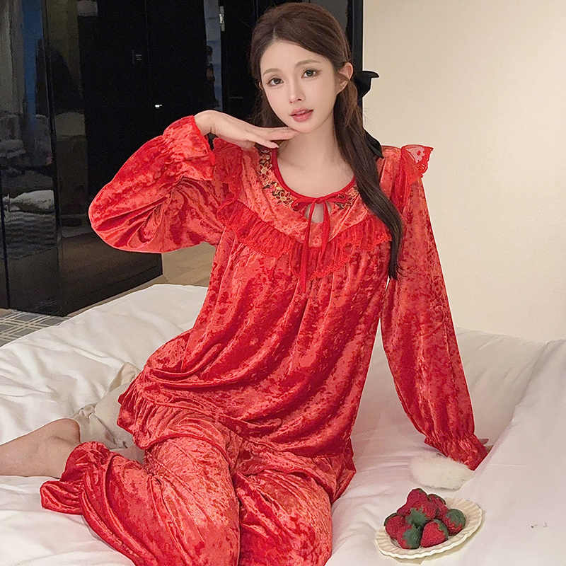 保暖秋冬新款可外穿轻奢金丝绒睡衣女秋冬公主风家居服大红色结婚