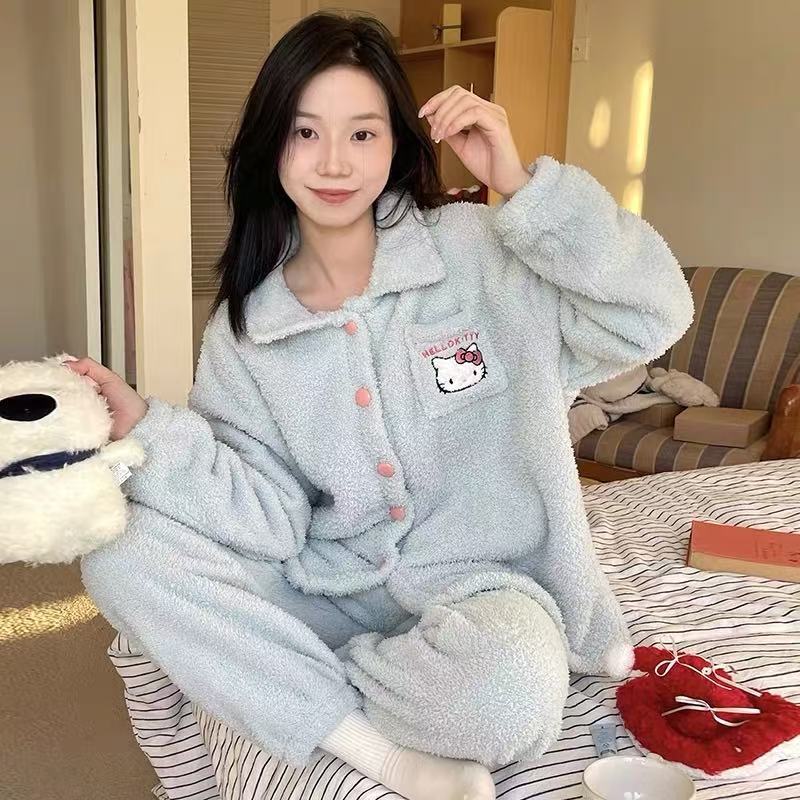 蓝色KT猫睡衣女款春秋冬季半边珊瑚绒加厚长袖套装可爱简约家居服