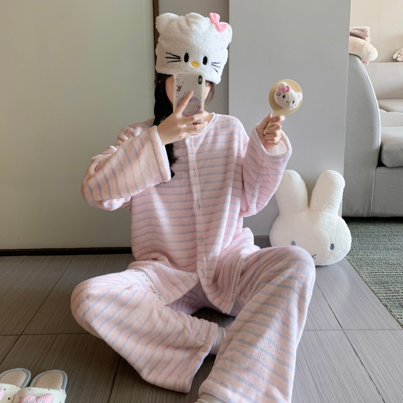 法兰绒睡衣女新款条纹加绒加厚秋冬家居服套装高级感两件套