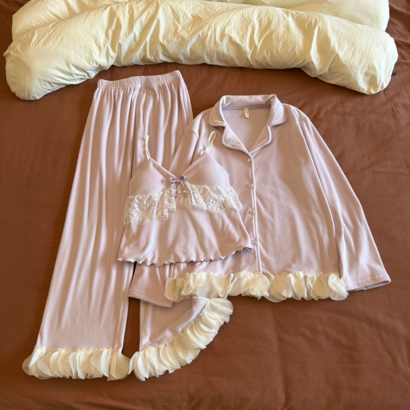 海岛绒睡衣女冬季加厚保暖蕾丝花边翻领家居服套装可外穿高级感