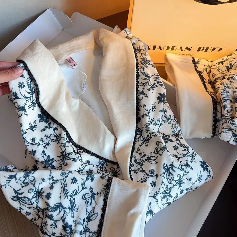 海岛绒豹纹睡衣女冬季压花睡袍长裤开衫套装加厚保暖家居服