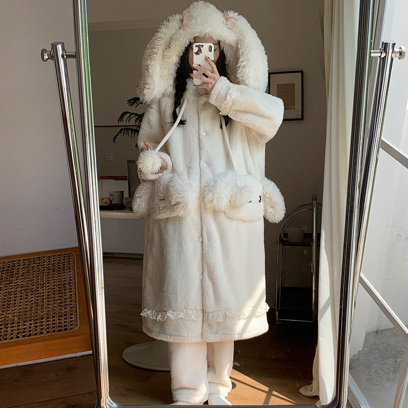 毛茸茸睡袍套装2025秋冬珊瑚绒长款加厚带帽子法兰绒兔耳朵家居服