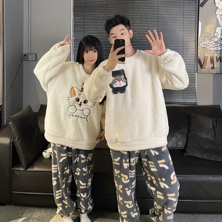 情侣珊瑚绒睡衣秋冬加厚保暖卡通家居服可外穿长毛绒卡通圆领套装