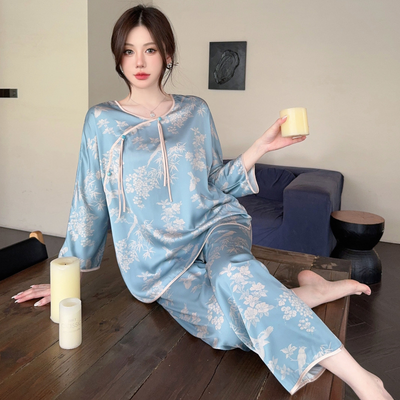 新中式国风竹林鸟薄款冰雪丝高级感睡衣女丝绸家居服套装可外穿