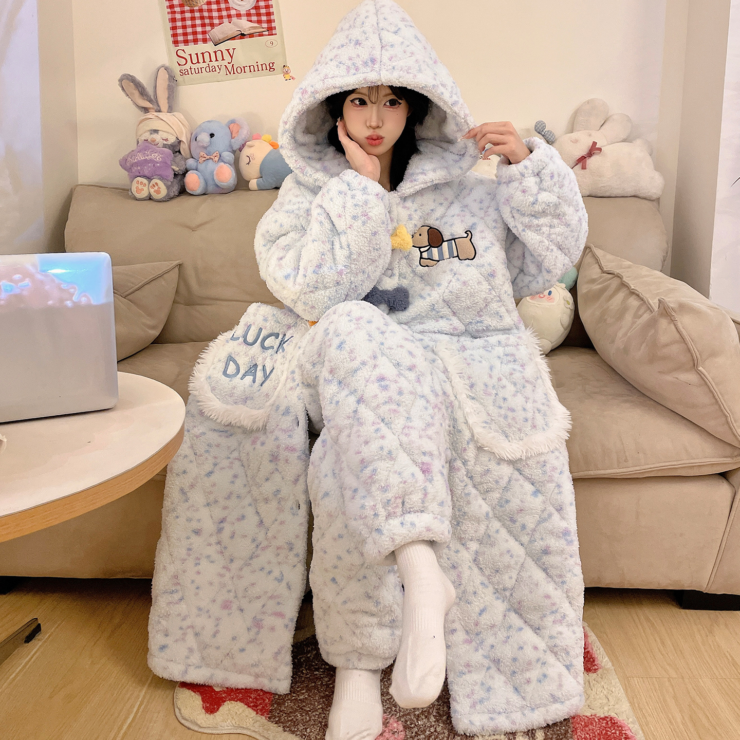 秋冬三层夹棉加厚睡衣女士睡袍套装家居服可外穿两件套