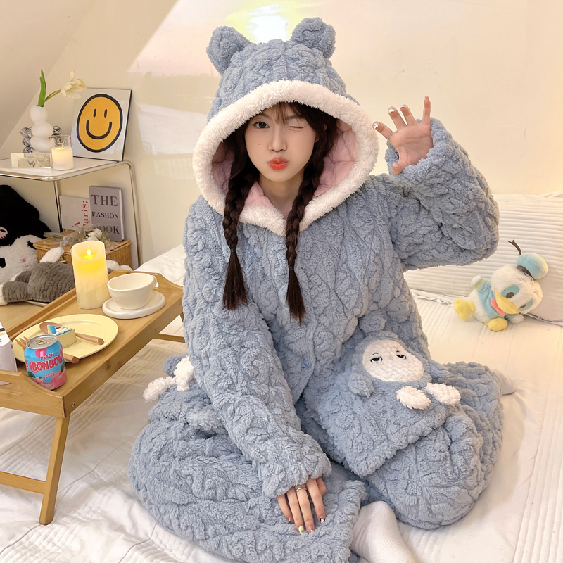 三层夹棉睡衣女秋冬季提花珊瑚绒睡衣加厚可爱套装连帽家居服套装