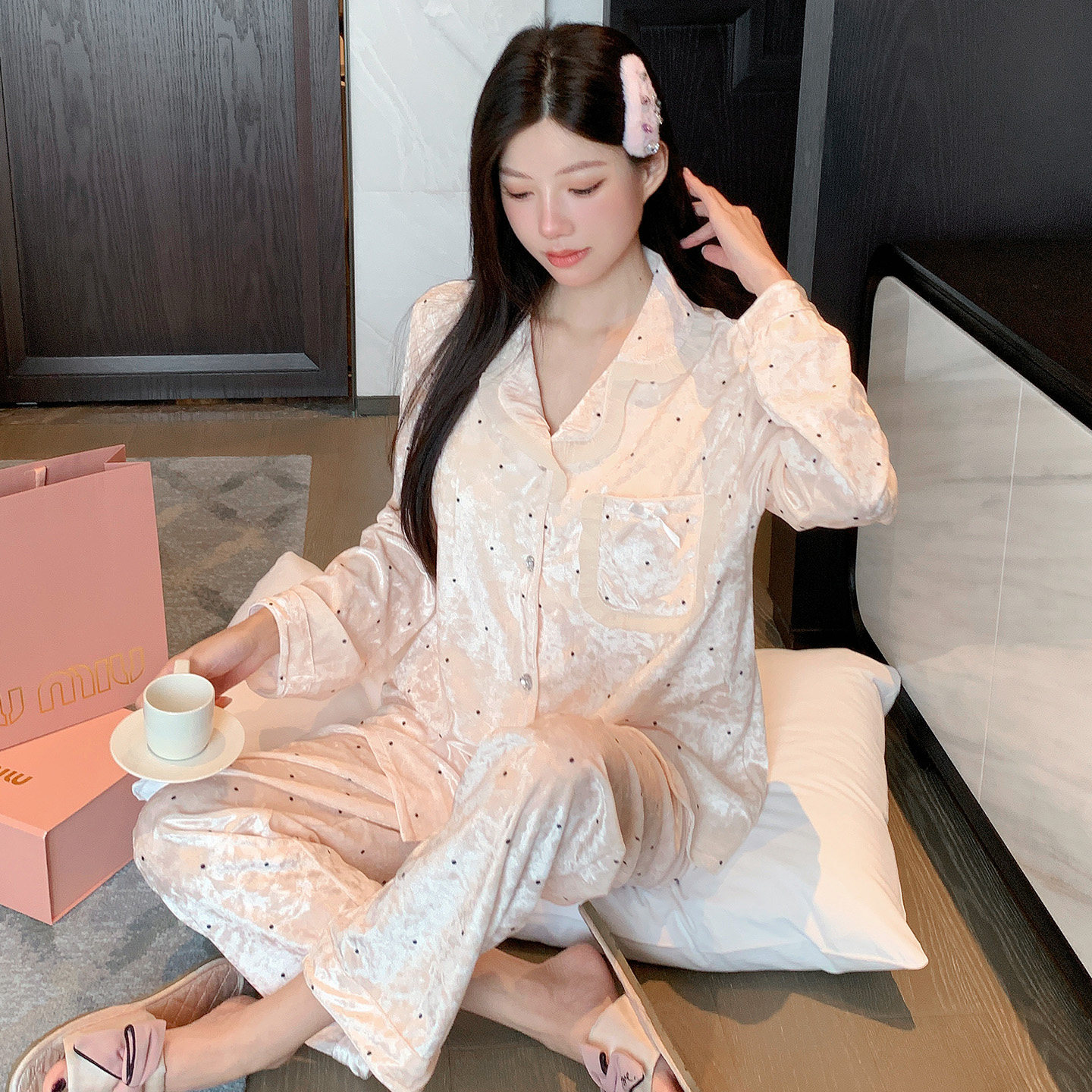 秋冬新款金丝绒睡衣女钻石绒国风甜美可爱开衫宫廷公主风家居服