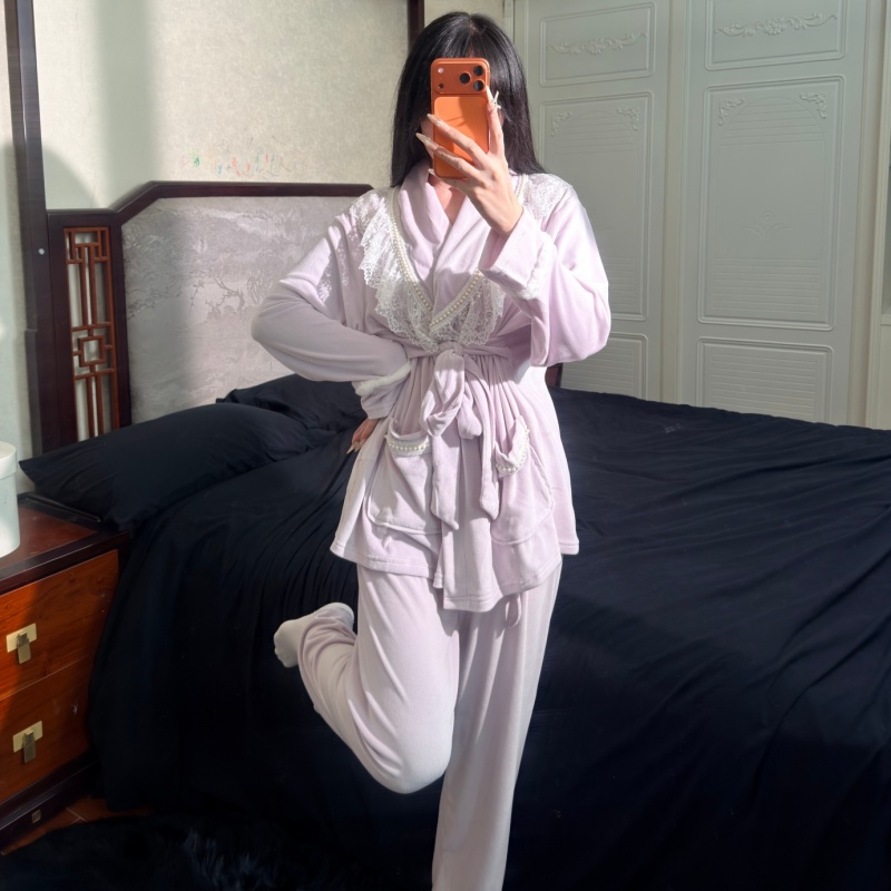 睡衣女新款纯欲蕾丝小香珠秋冬海岛绒珍珠富家千金风家居服套装