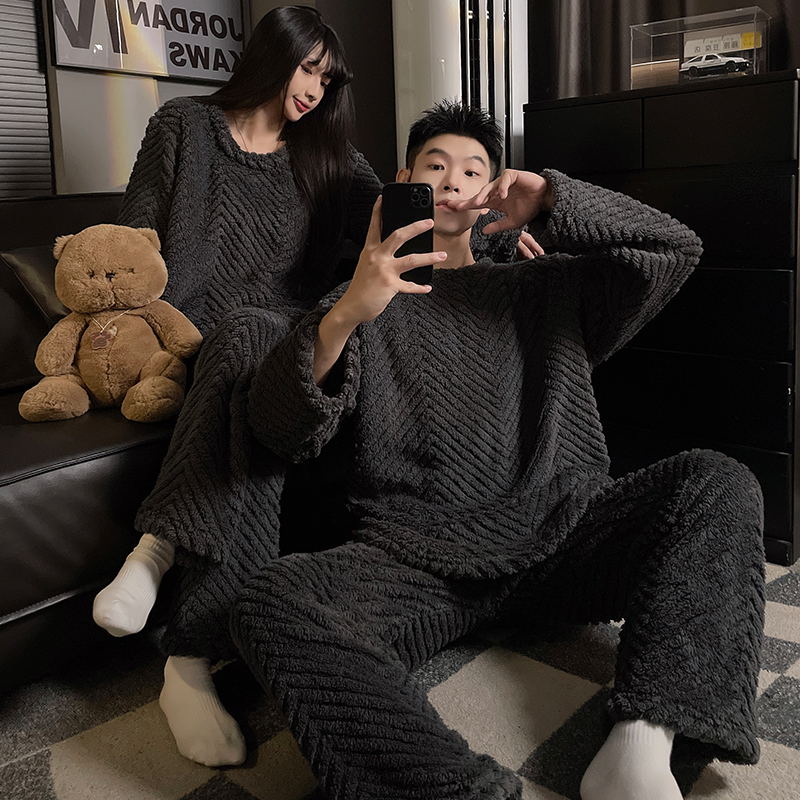 提花绒情侣款睡衣秋冬季休闲套头珊瑚绒家居服加厚保暖可外穿