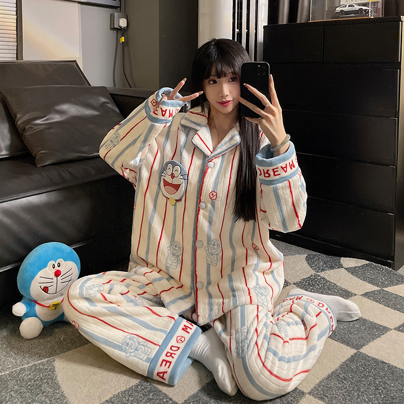 情侣睡衣秋冬季珊瑚绒女可爱卡通翻领法兰绒男士保暖可外穿套装