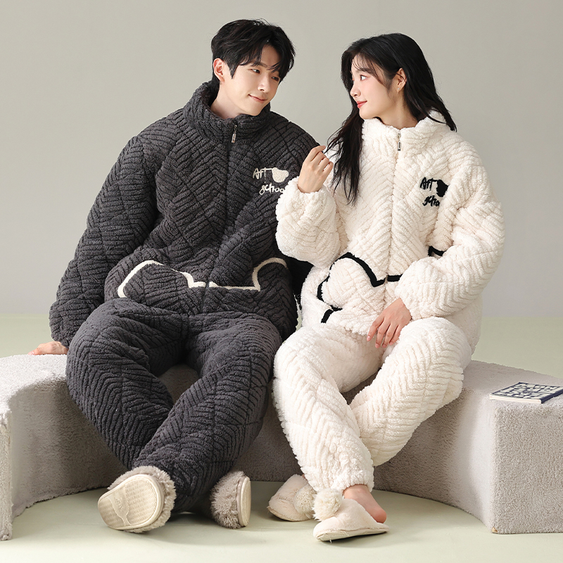冬季情侣睡衣女夹棉三层加绒加厚保暖可外穿珊瑚绒男士家居服套装