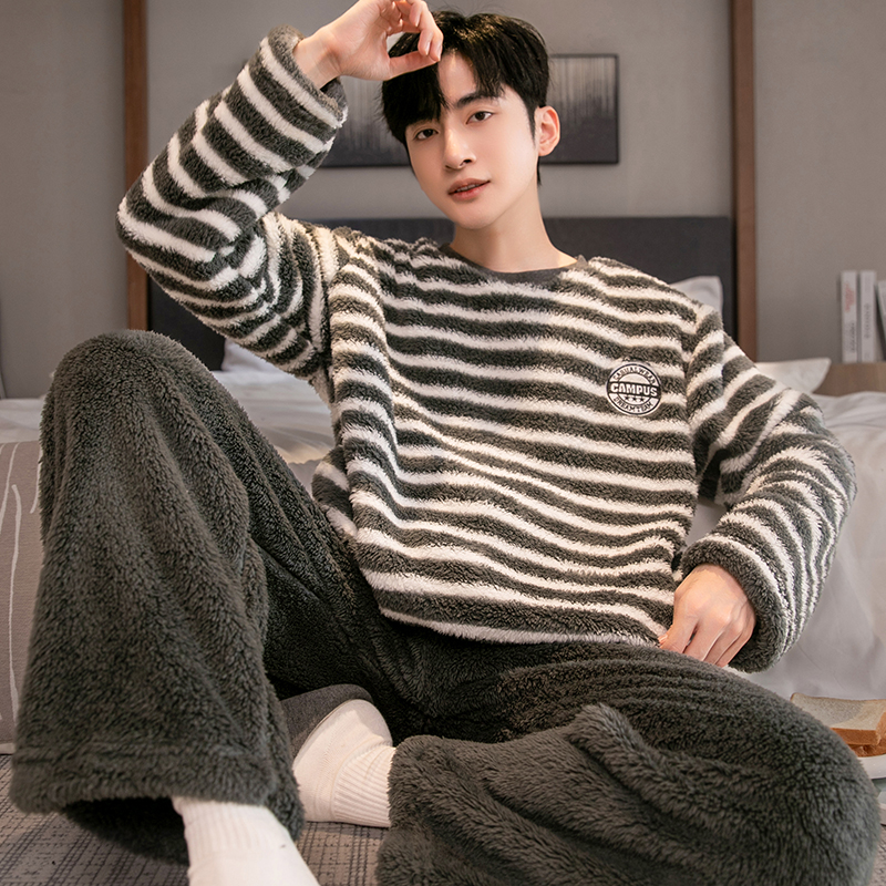 加厚长毛绒睡衣男士秋冬季新款休闲圆领保暖珊瑚法兰绒家居服套装
