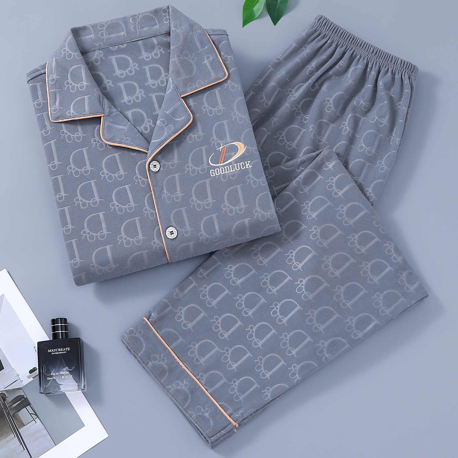 秋冬睡衣男士保暖德绒翻领开衫韩版长袖长裤家居服套装薄绒中老年