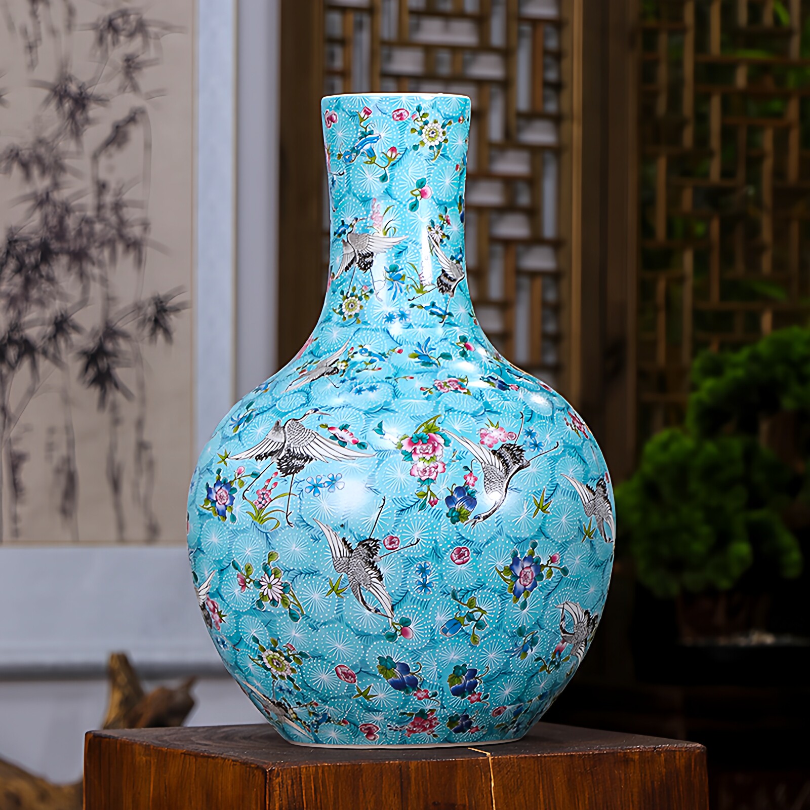 景德镇瓷器仿古珐琅彩蓝地飞鹤陶瓷大花瓶天球瓶中式客厅酒柜摆件