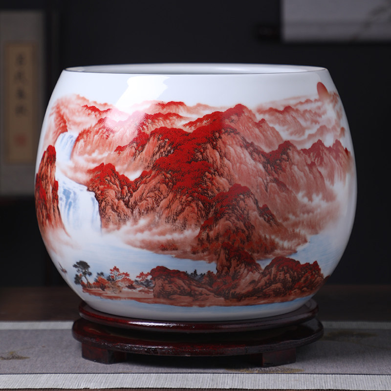 景德镇陶瓷器鸿运当头聚宝盆办公室摆件新中式客厅家居装饰品鱼缸