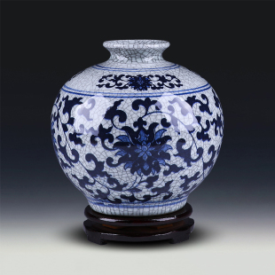 景德镇陶瓷器仿古青花瓷花瓶摆件客厅新中式复古裂纹釉官窑插花瓶
