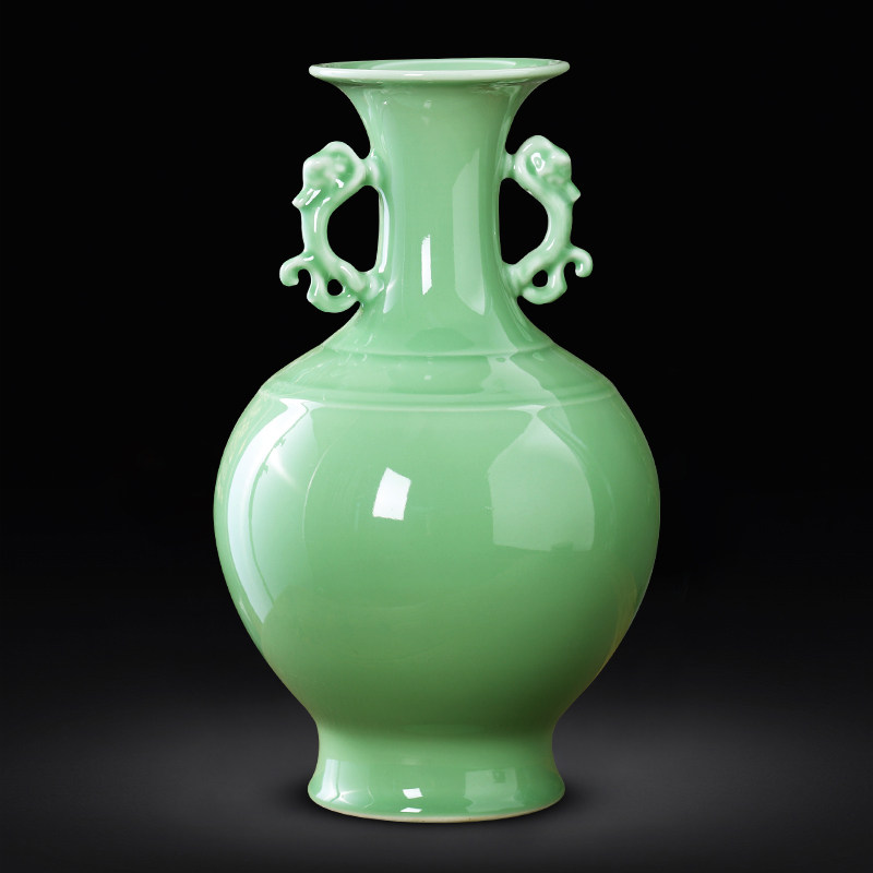 景德镇陶瓷器青釉双耳花瓶瓷瓶中式简约家居饰品客厅装饰插花摆件