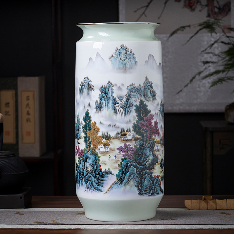 景德镇陶瓷器山水落地花瓶字画卷轴装饰箭筒现代中式客厅插花摆件