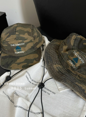 亲子款复古迷彩渔夫鸭舌帽男女同款户外徒步登山帽抽绳遮阳帽潮牌