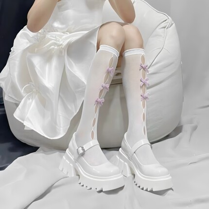 Lolita薄款中筒袜女夏季洛丽塔白丝小腿袜粉色蝴蝶结镂空渔网少女
