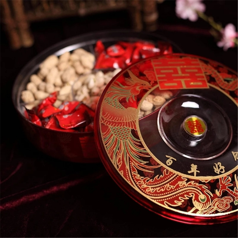 结婚果盘红色分格带盖过年客厅干果盒创意零食糖果盒婚庆用品喜盘