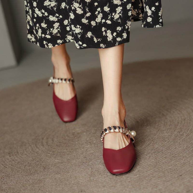 真皮法式复古红色婚鞋方头浅口单鞋低粗跟丝带玛丽珍小皮鞋女2025