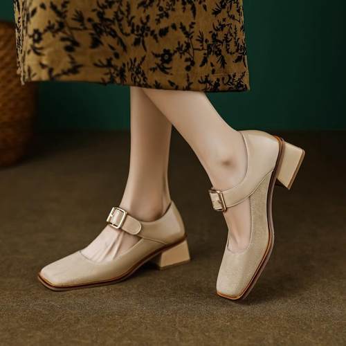 真皮法式复古磨砂方头玛丽珍单鞋2025新款中粗跟一字带小皮鞋女夏