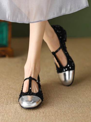 小香风拼色亮片T型带玛丽珍小皮鞋百搭方头粗跟浅口单鞋女2025年