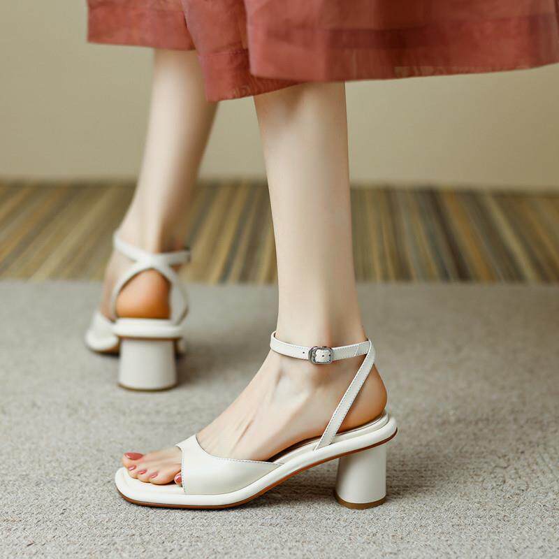 真皮设计感小众一字带粗跟高跟鞋2025夏季新款法式露趾罗马凉鞋女