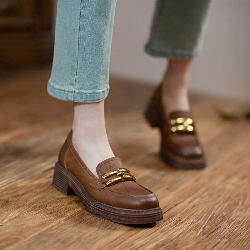 2025年新款复古擦色一脚蹬乐福鞋英伦风金属扣厚底jk小皮鞋单鞋女